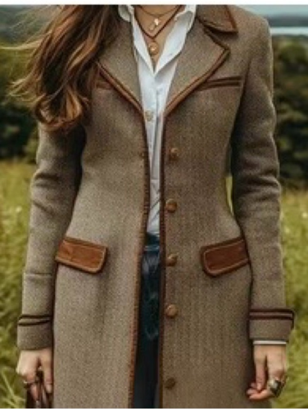 Tailored Brown Trim Wool-Blend Blazer Coat - Women's Jacket